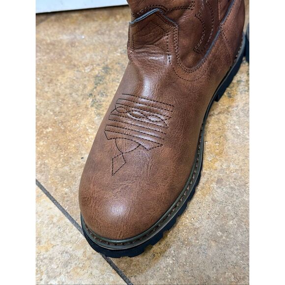 Mens Brown Fashion Western Boots Classic Embroidered Pull On Slip Resistant Cowb - Picture 5 of 9